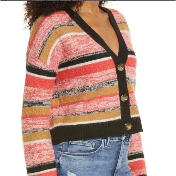 NWT BP Nordstrom’s Cropped Cardigan Button Front Striped Sweater in black SZ M - Picture 2 of 10